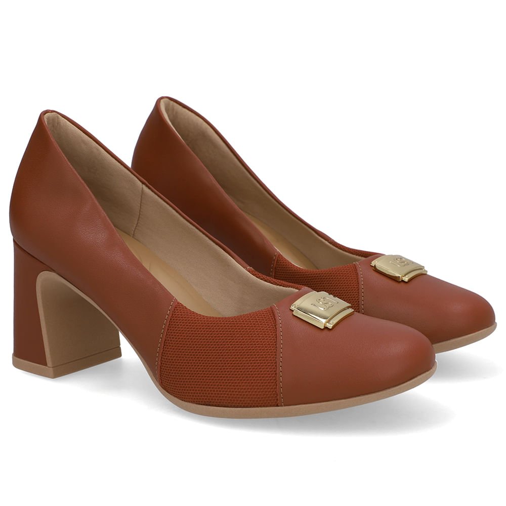Scarpin Couro Marrom Lateral Tecido Marrom 2