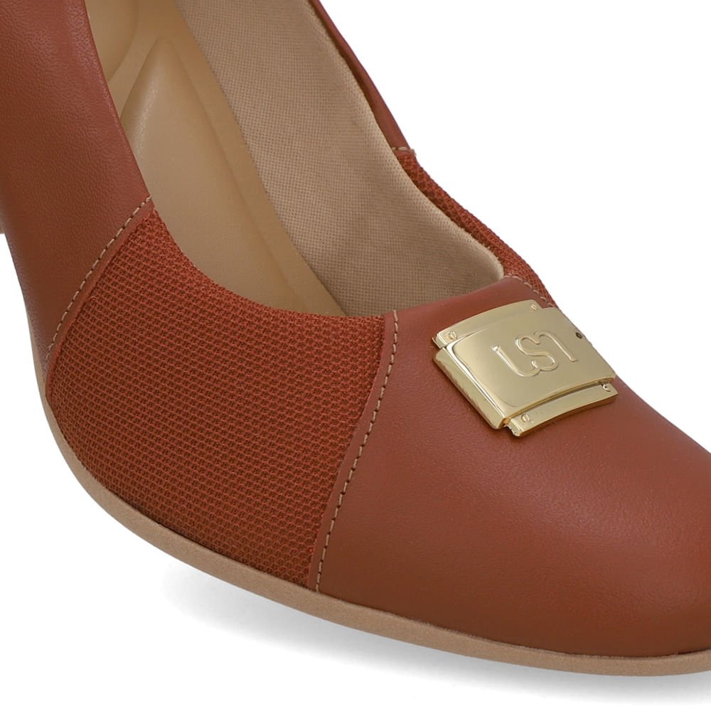 Scarpin Couro Marrom Lateral Tecido Marrom 4