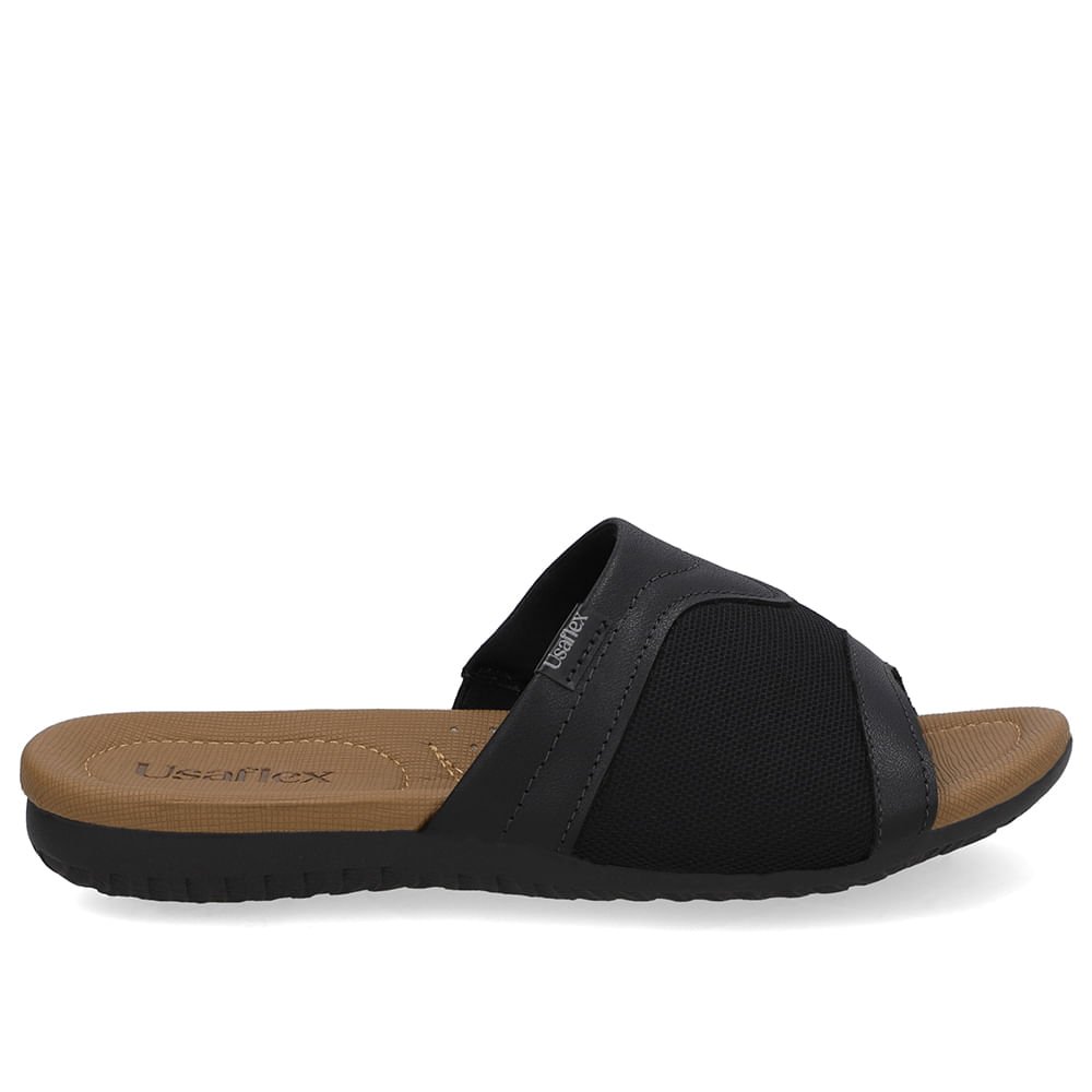 Tamanco Slide Couro Preto Lateral Tecido