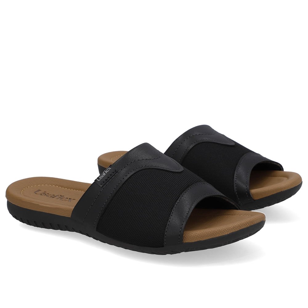 Tamanco Slide Couro Preto Lateral Tecido Preto 2