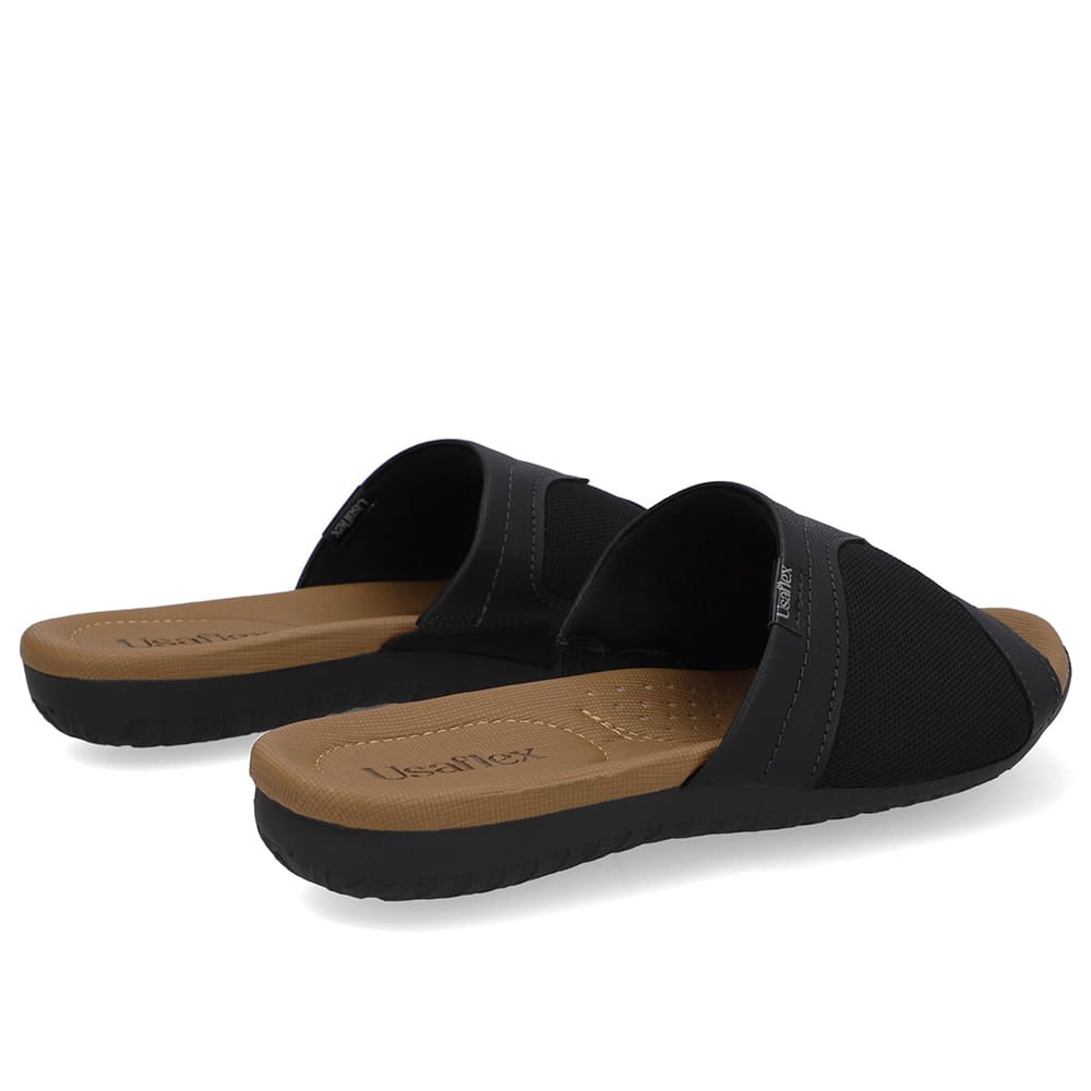 Tamanco Slide Couro Preto Lateral Tecido Preto 3