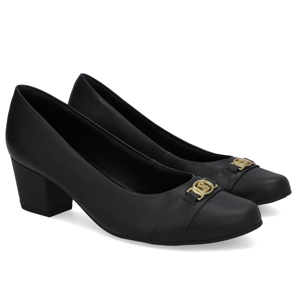 Scarpin Preto Couro Salto Baixo Bloco Preto 2