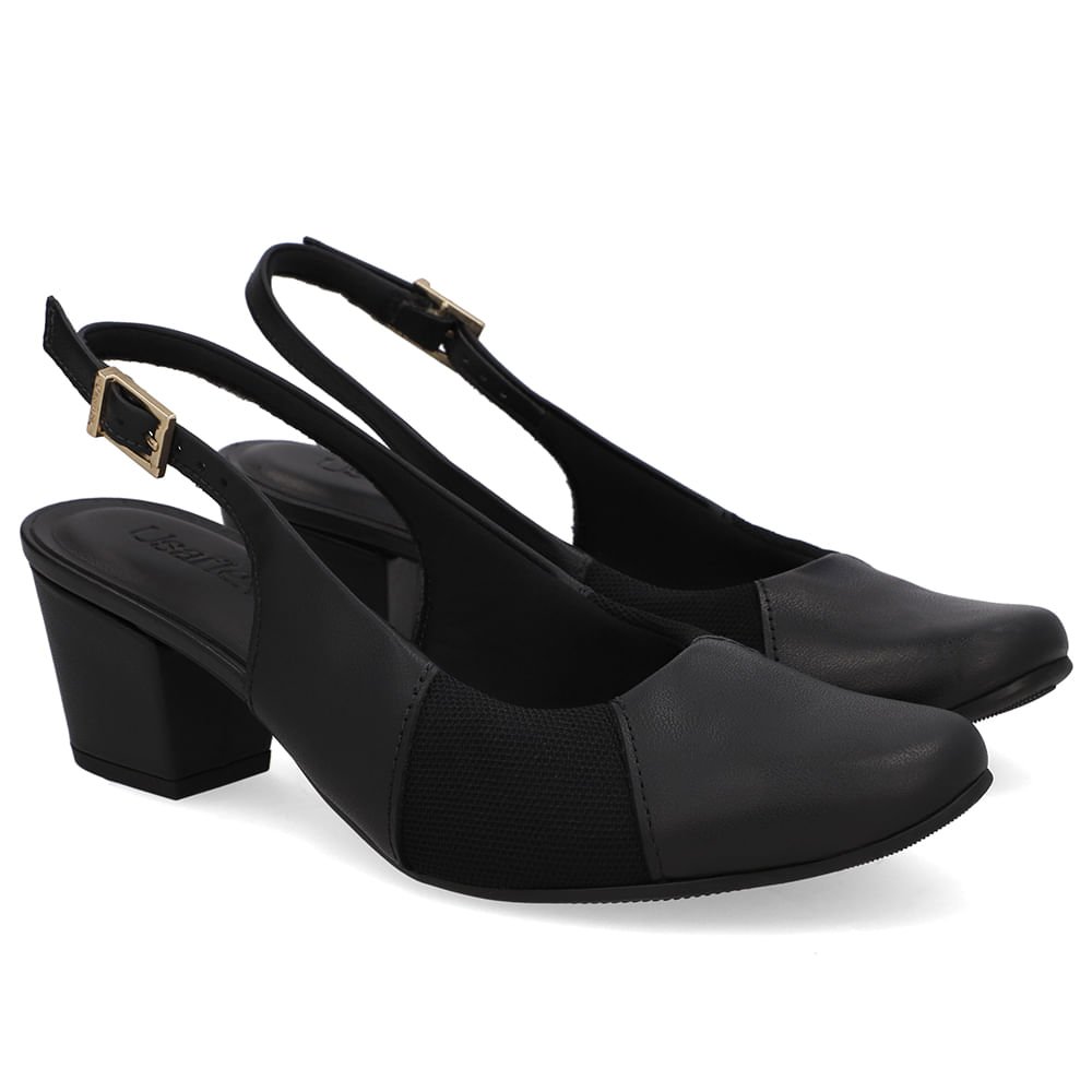 Slingback Couro Preto Salto Bloco Lateral Tecido Preto 2