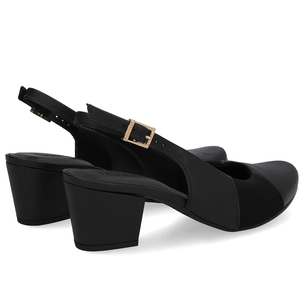 Slingback Couro Preto Salto Bloco Lateral Tecido Preto 3