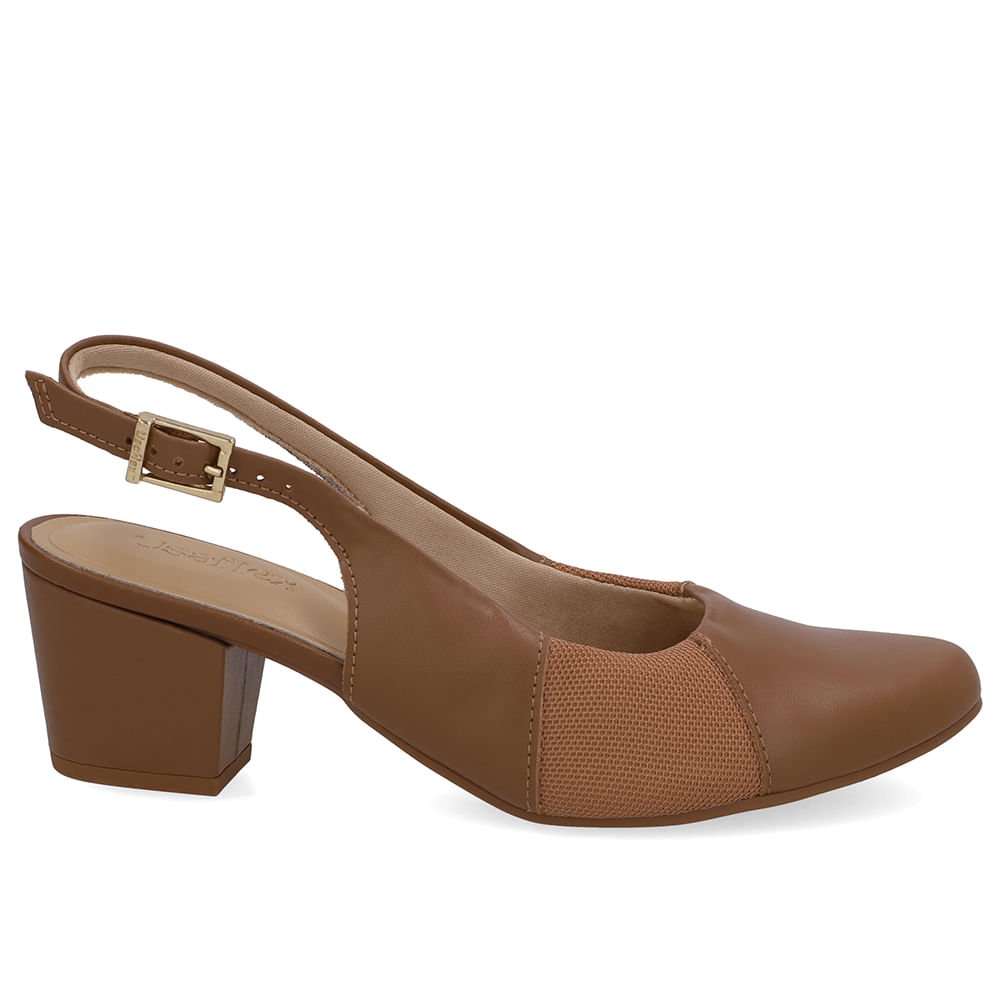 Slingback Couro Marrom Canela Salto Bloco Lateral Tecido