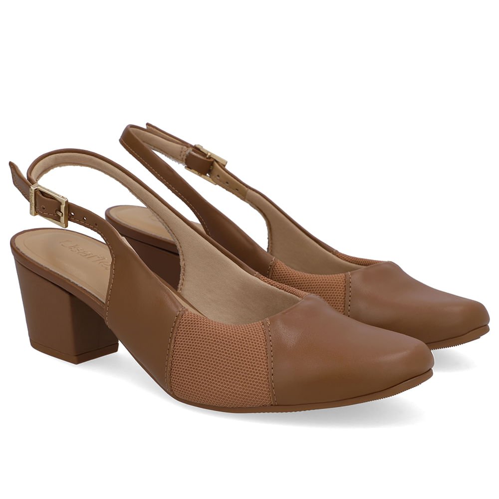 Slingback Couro Marrom Canela Salto Bloco Lateral Tecido Marrom 2