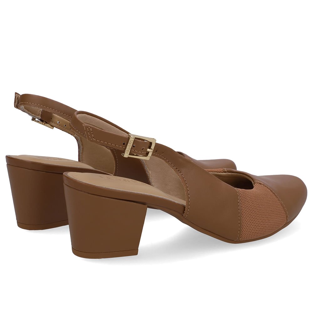 Slingback Couro Marrom Canela Salto Bloco Lateral Tecido Marrom 3