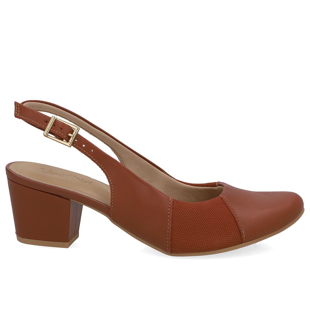 Slingback Couro Marrom Salto Bloco Lateral Tecido