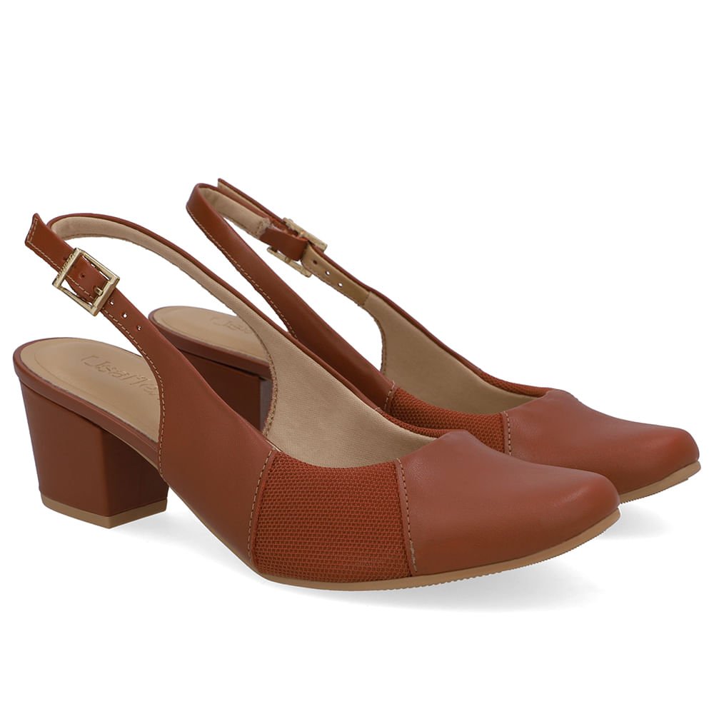 Slingback Couro Marrom Salto Bloco Lateral Tecido Marrom 2