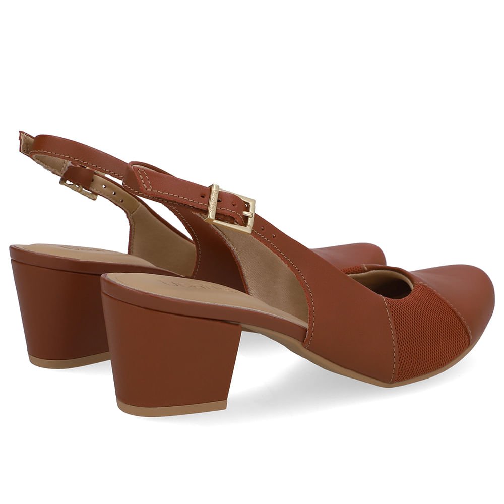 Slingback Couro Marrom Salto Bloco Lateral Tecido Marrom 3