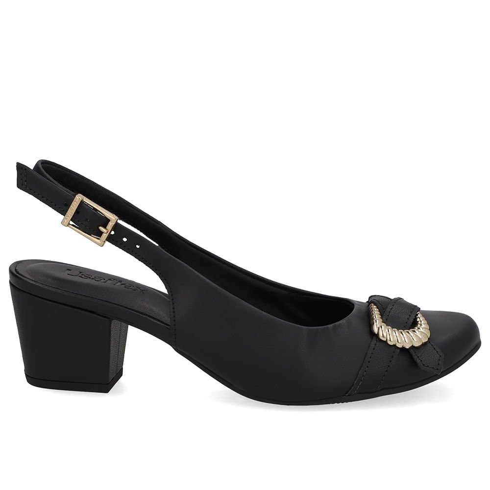 Slingback Couro Preto Salto Bloco Enfeite