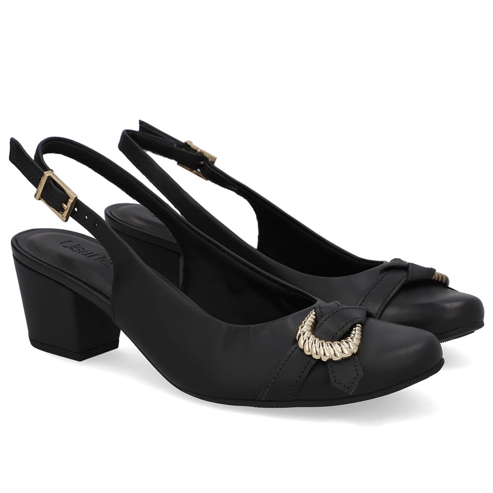Slingback Couro Preto Salto Bloco Enfeite Preto 2