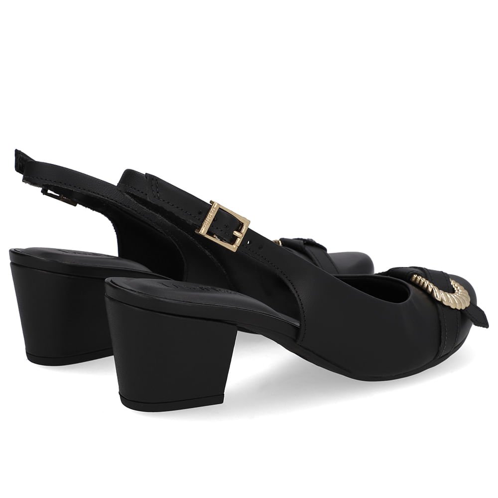 Slingback Couro Preto Salto Bloco Enfeite Preto 3