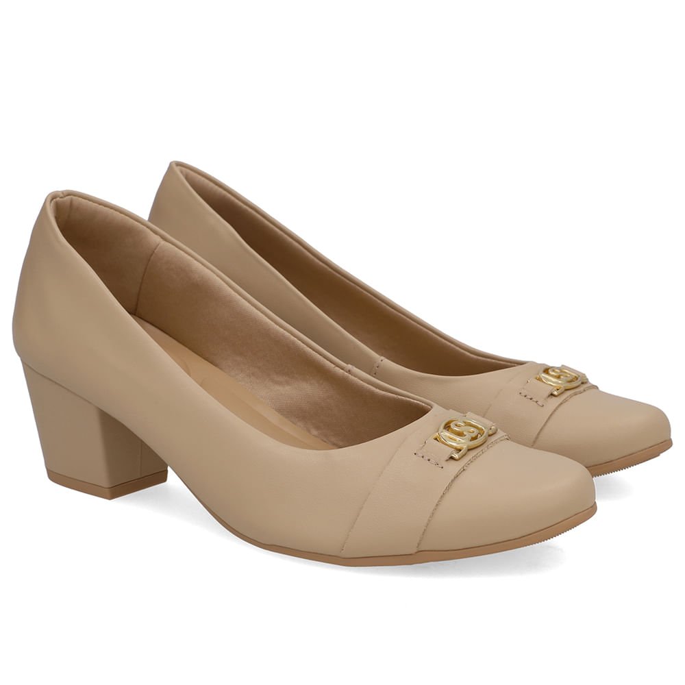 Scarpin Bege Couro Salto Baixo Bloco Bege 2