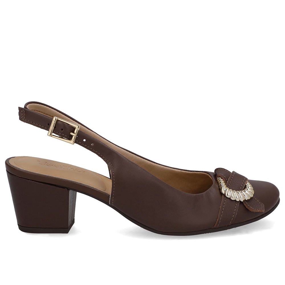 Slingback Couro Marrom Pinhão Salto Bloco Enfeite
