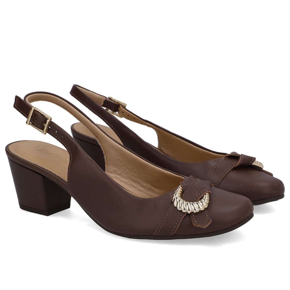 Slingback Couro Marrom Pinhão Salto Bloco Enfeite Pinhão 2