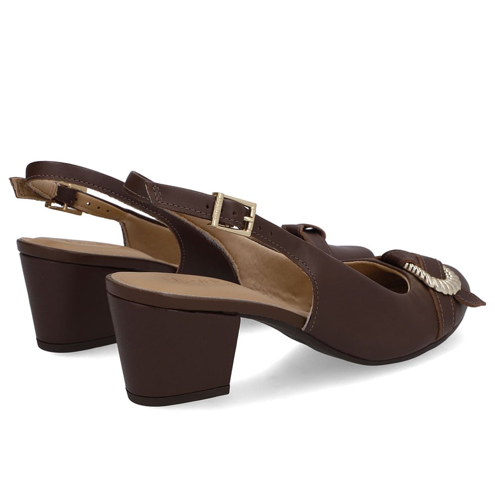 Slingback Couro Marrom Pinhão Salto Bloco Enfeite Pinhão 3