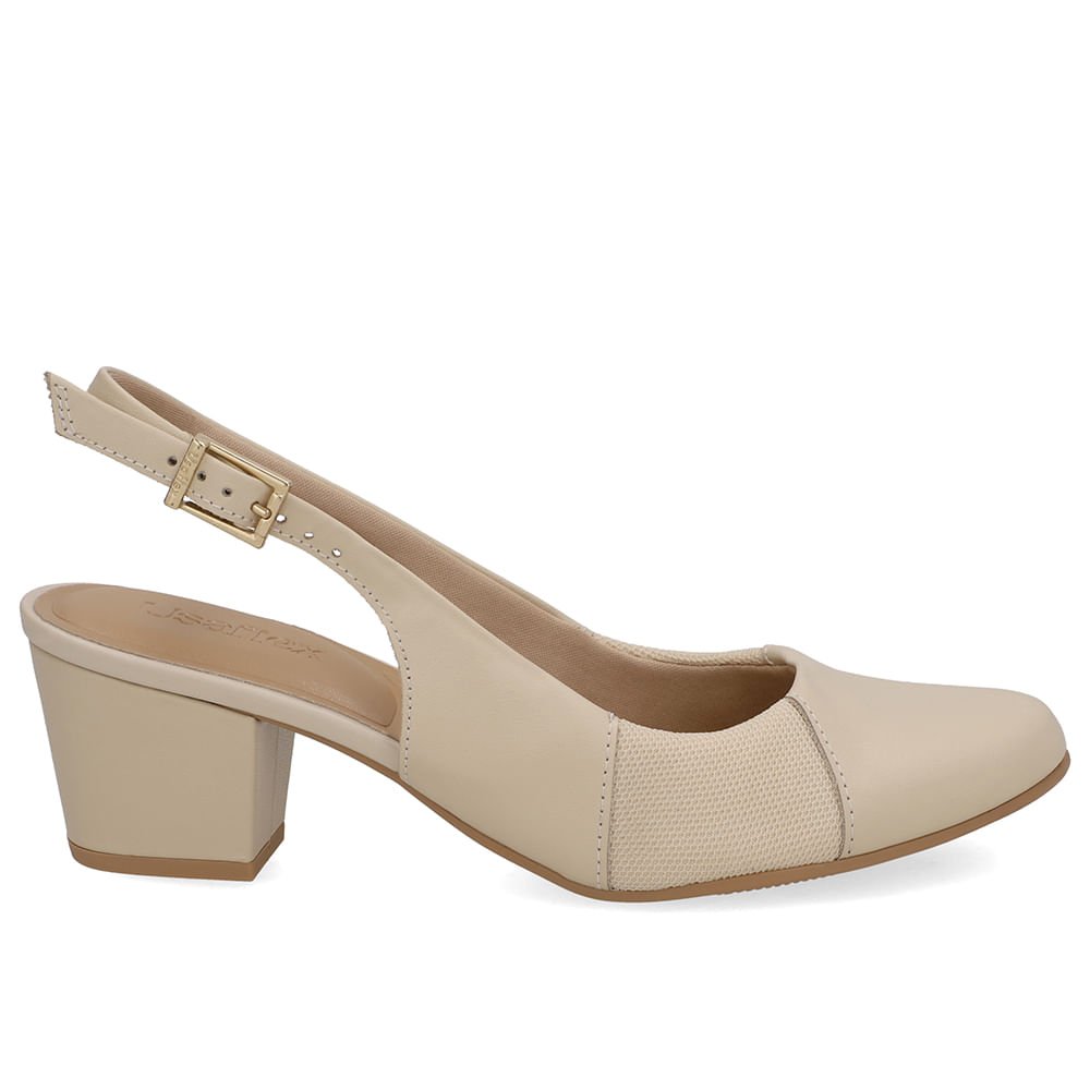 Slingback Couro Bege Salto Bloco Lateral Tecido