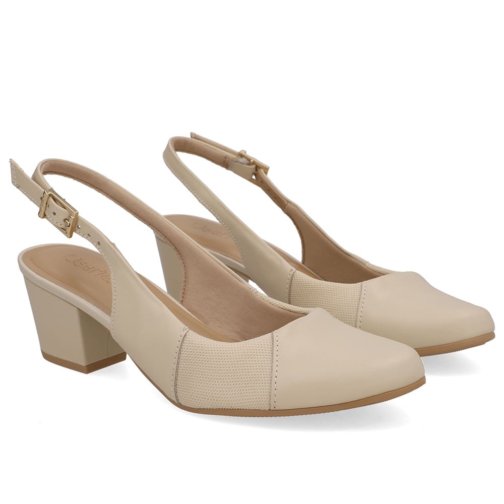 Slingback Couro Bege Salto Bloco Lateral Tecido Bege 2