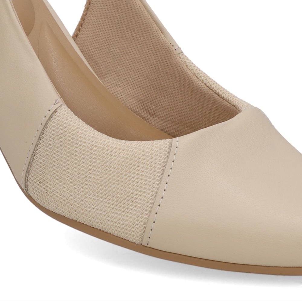 Slingback Couro Bege Salto Bloco Lateral Tecido Bege 4