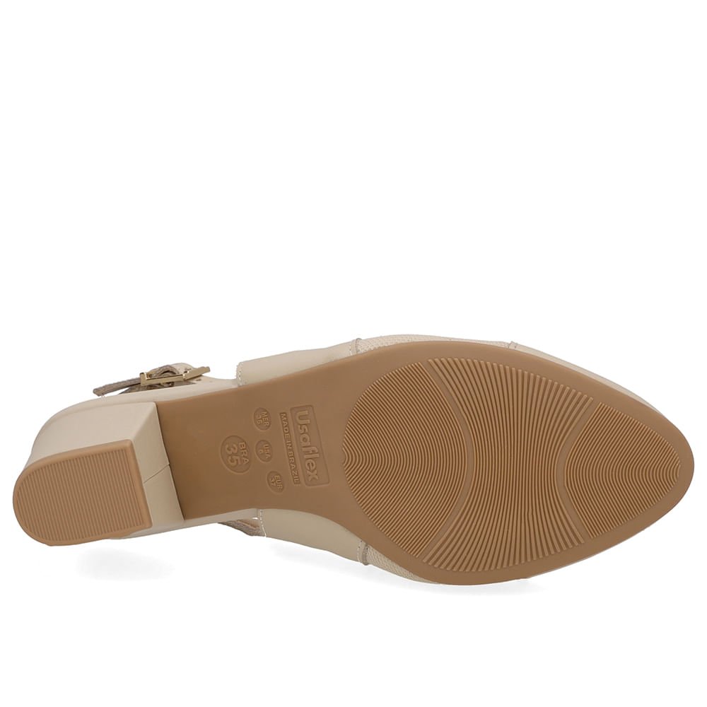 Slingback Couro Bege Salto Bloco Lateral Tecido Bege 5