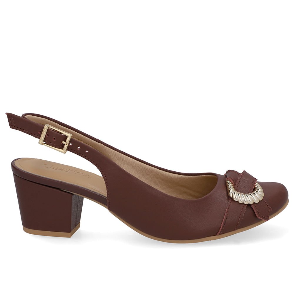 Slingback Couro Vermelho Salto Bloco Enfeite