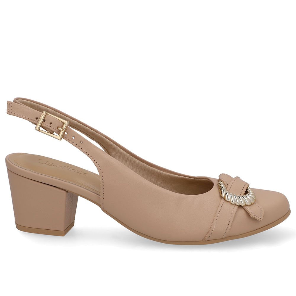 Slingback Couro Bege Salto Bloco Enfeite