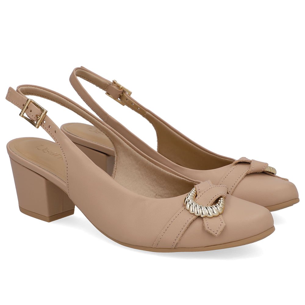 Slingback Couro Bege Salto Bloco Enfeite Bege 2