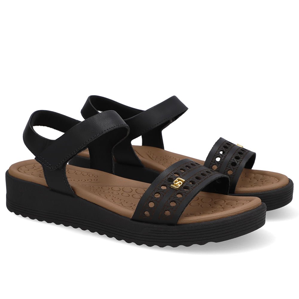 Sandália Salto Plataforma Couro Preta Laser Preto 2