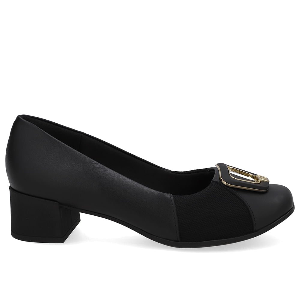 Scarpin Couro Preto Bico Quadrado Tecido