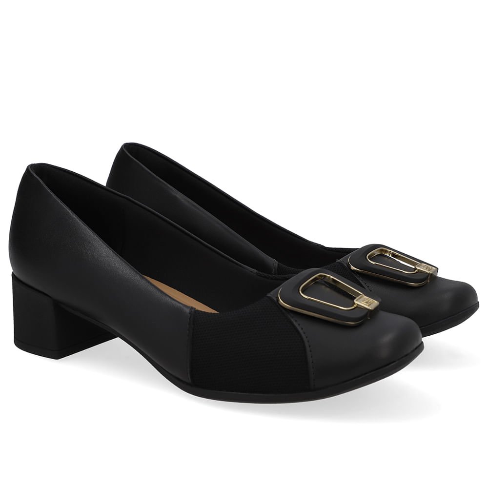 Scarpin Couro Preto Bico Quadrado Tecido Preto 2