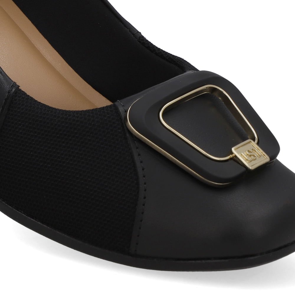 Scarpin Couro Preto Bico Quadrado Tecido Preto 4