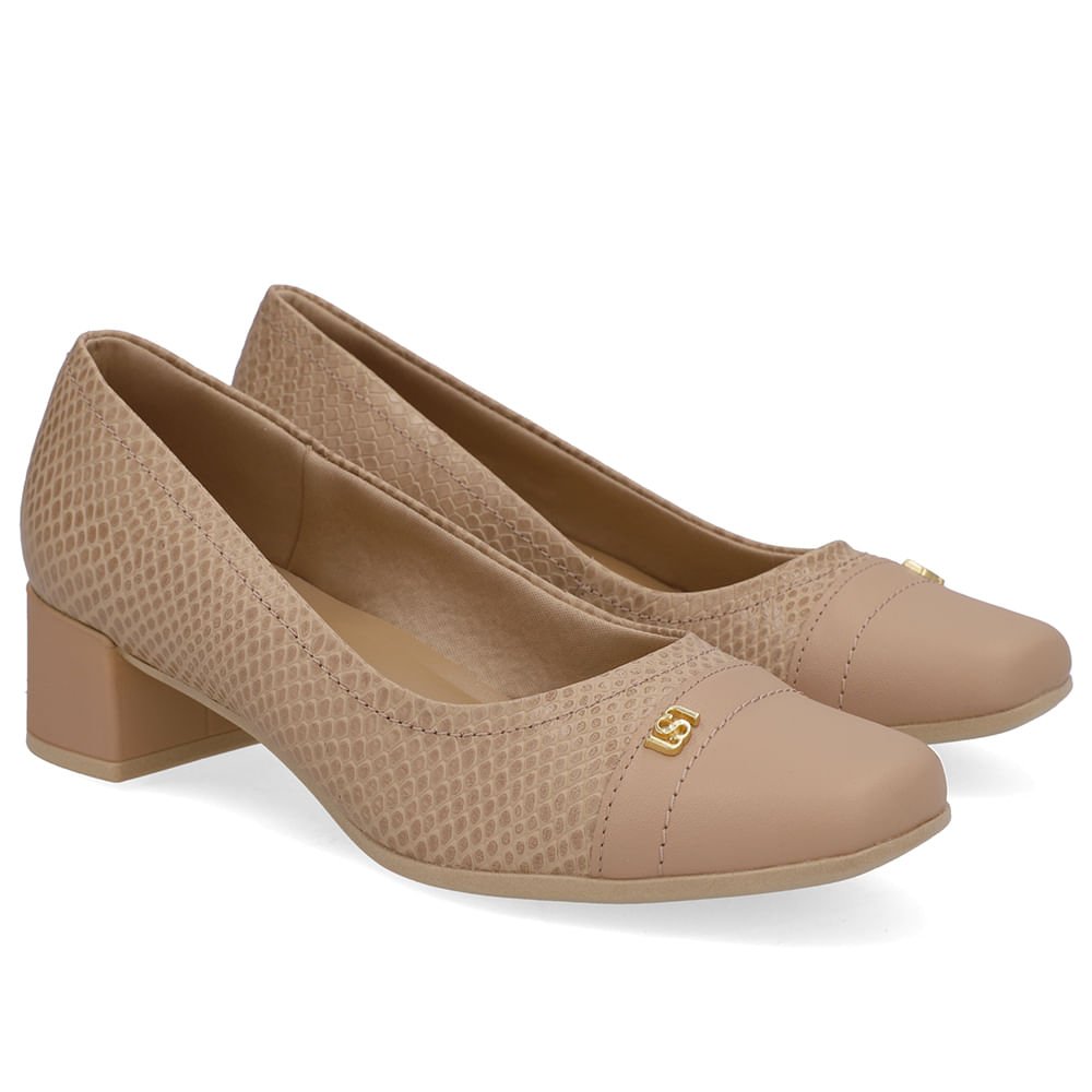 Scarpin Couro Bege Bico Quadrado Bege 2