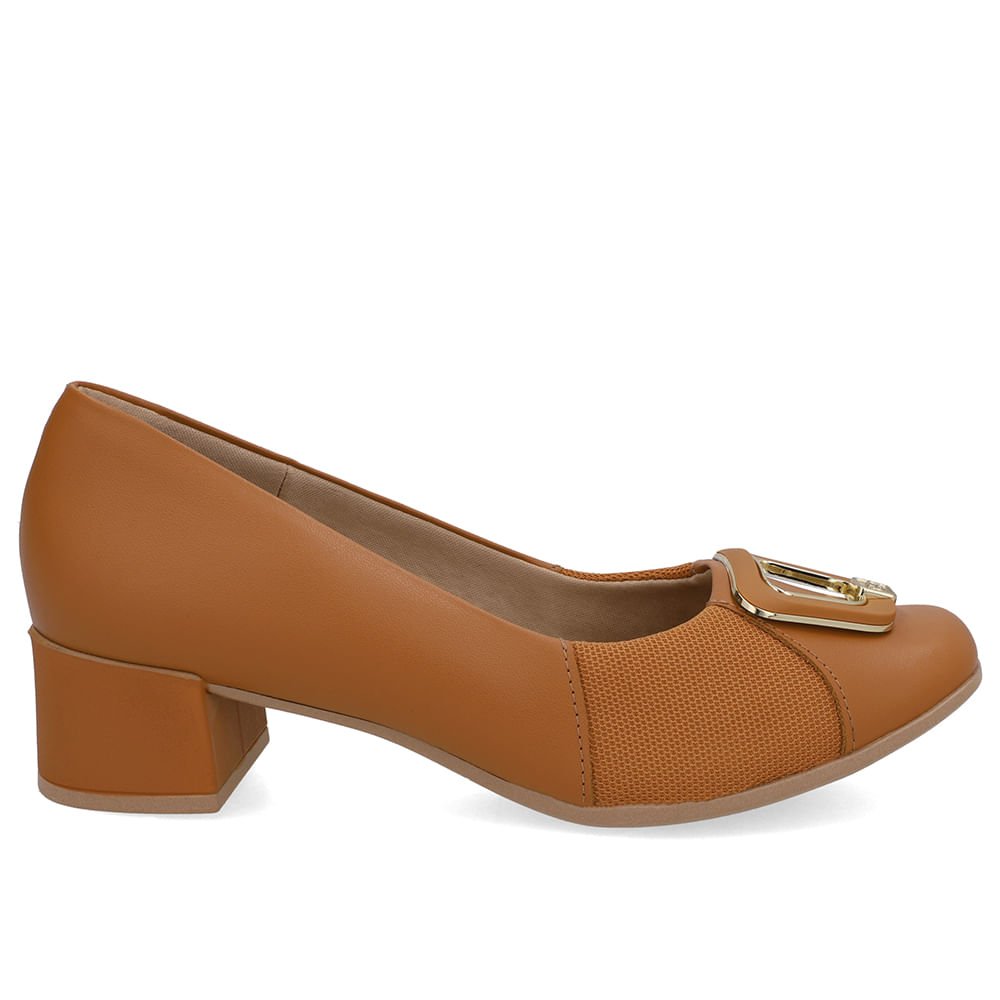 Scarpin Couro Marrom Bico Quadrado Tecido