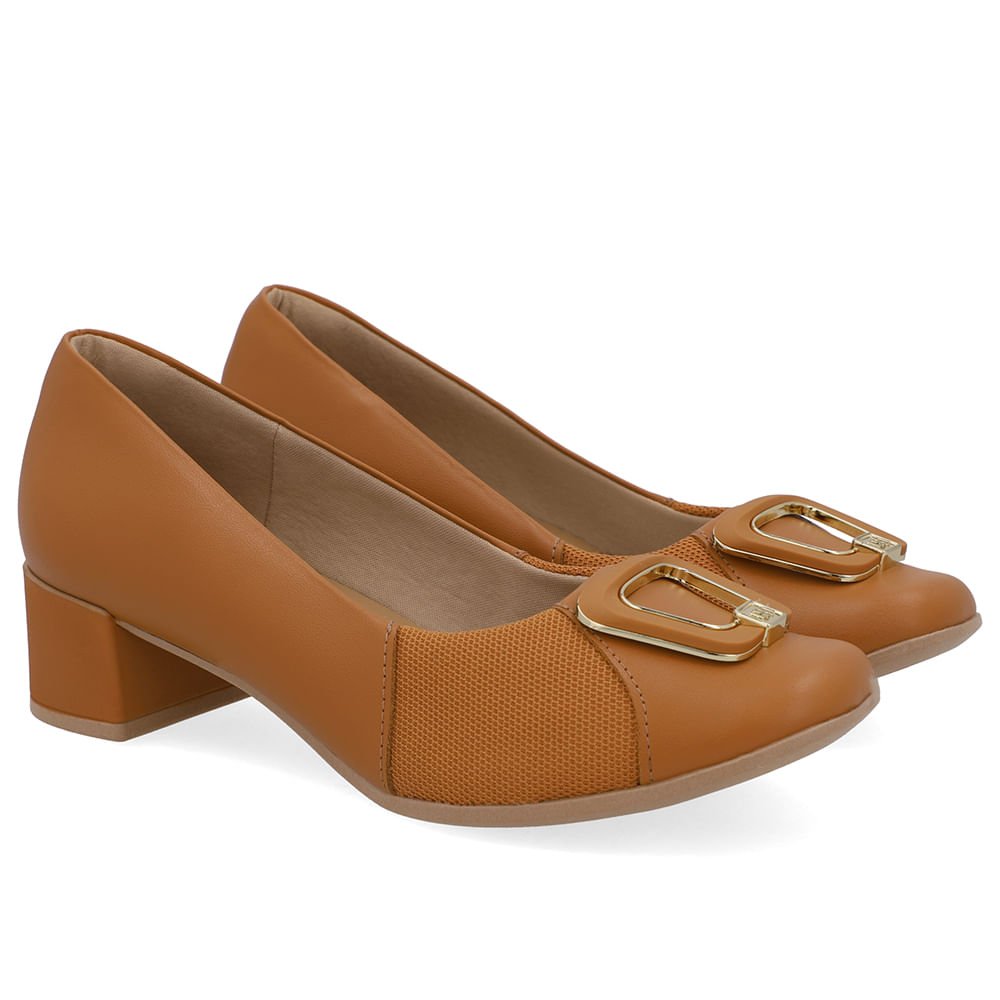 Scarpin Couro Marrom Bico Quadrado Tecido Marrom 2