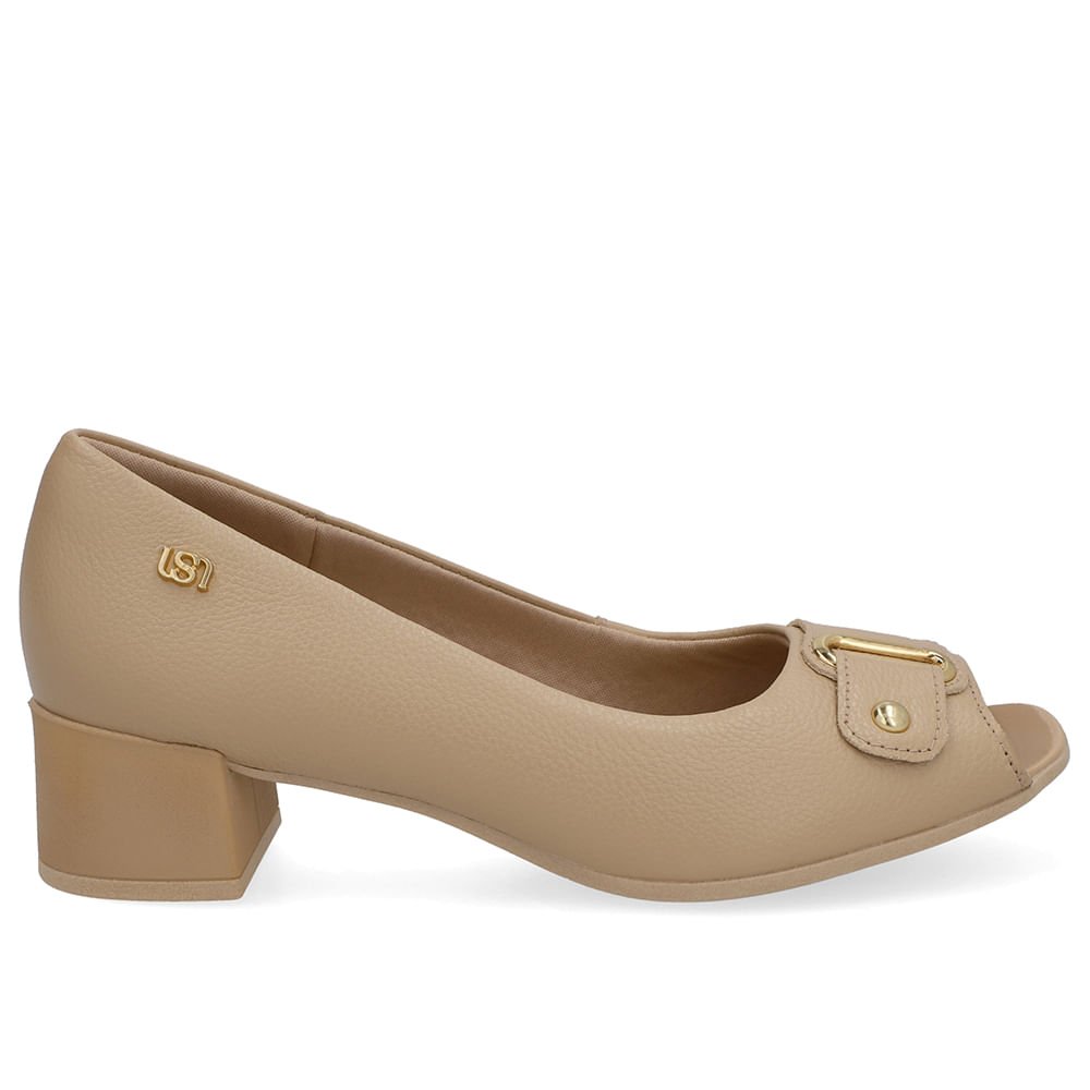 Peep Toe Salto Bloco Bege Bico Quadrado
