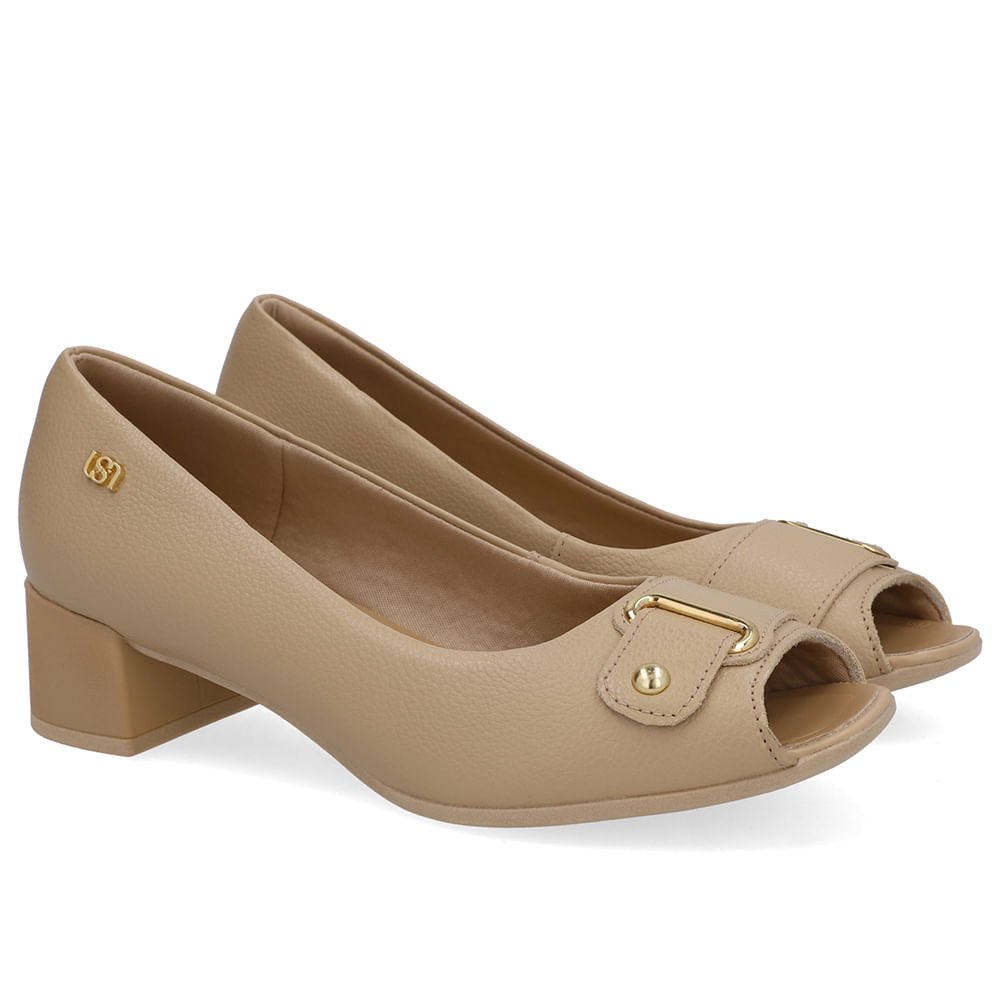 Peep Toe Salto Bloco Bege Bico Quadrado Bege 2
