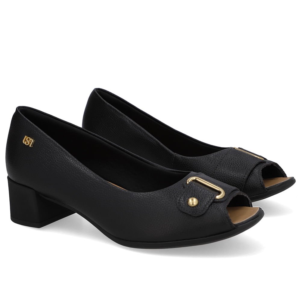 Peep Toe Salto Bloco Preto Bico Quadrado Preto 2
