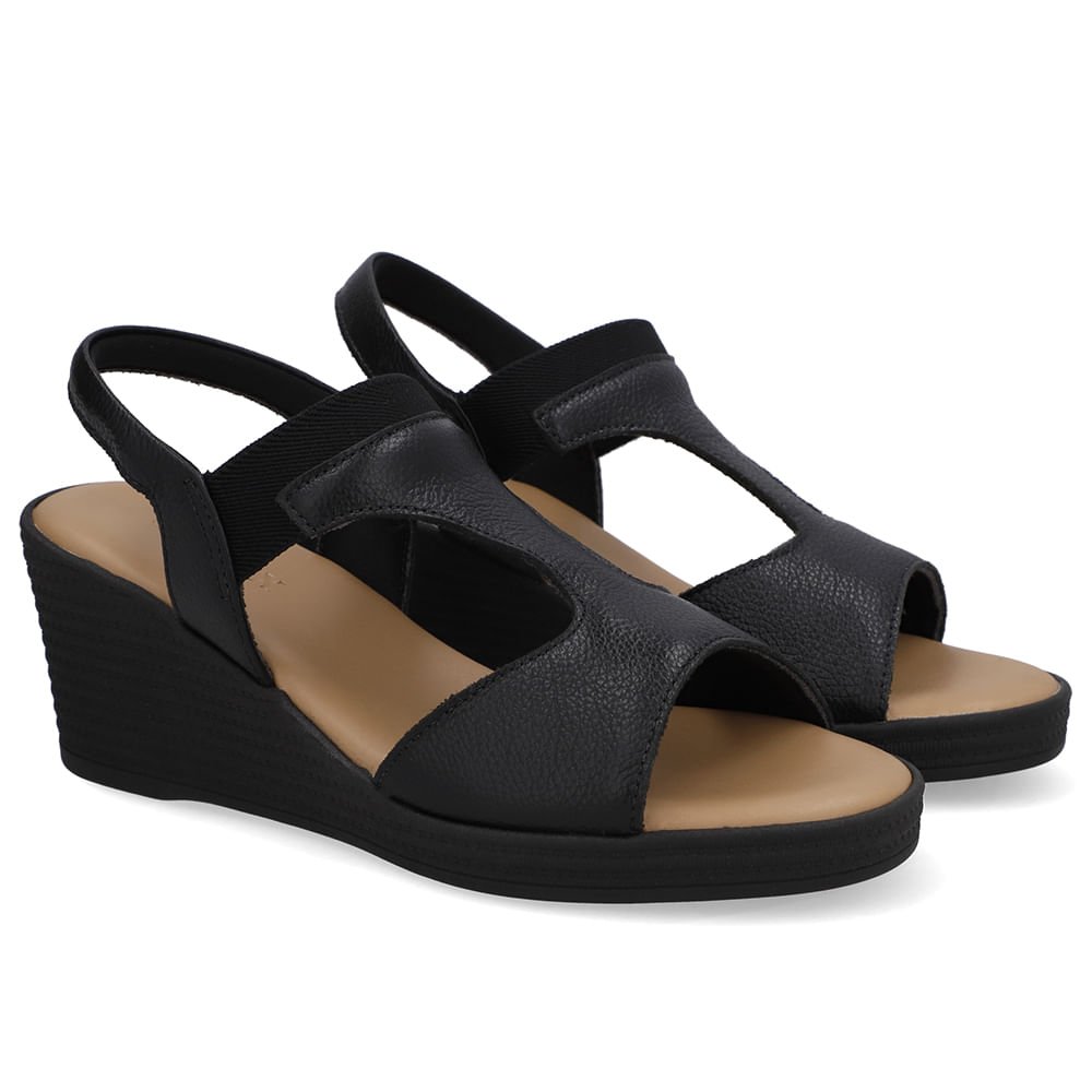 Sandália Salto Anabela Couro Preta Elástico Preto 2