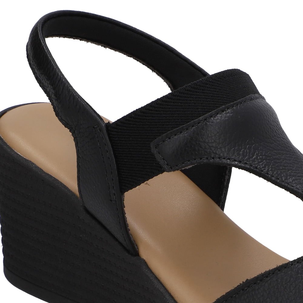 Sandália Salto Anabela Couro Preta Elástico Preto 4