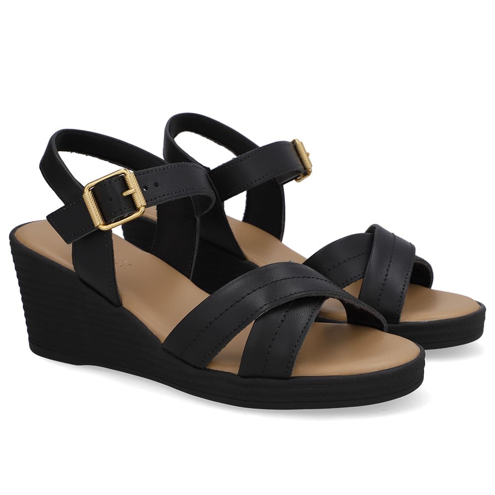 Sandália Salto Anabela Couro Preta Preto 2