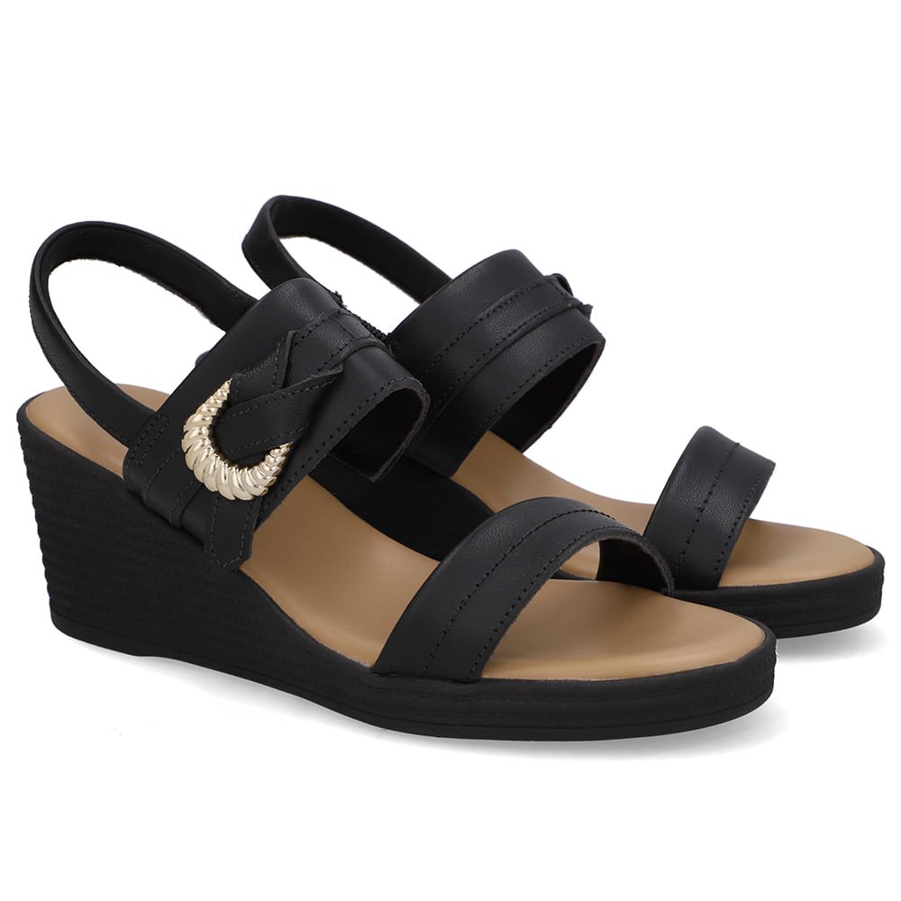 Sandália Salto Anabela Couro Preta Enfeite Preto 2