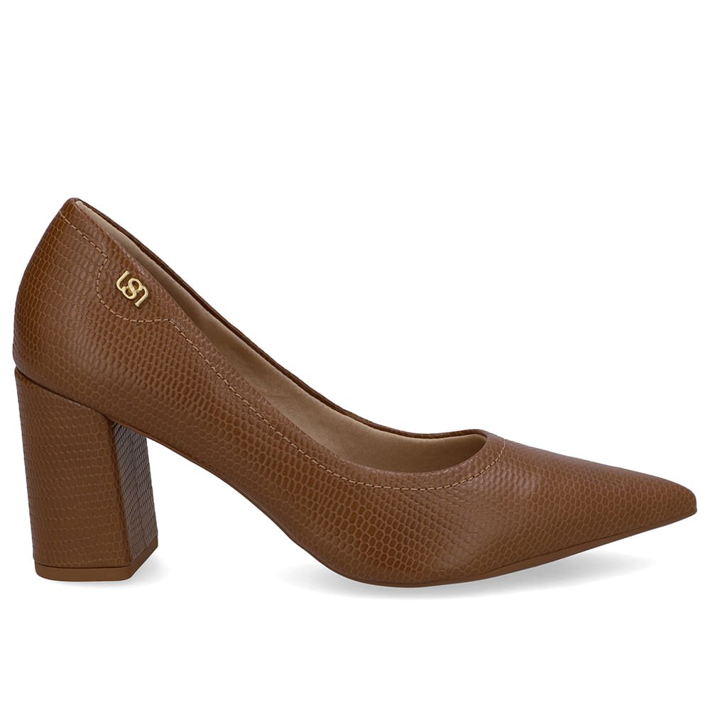 Scarpin Marrom Salto Bloco Couro Bico Fino