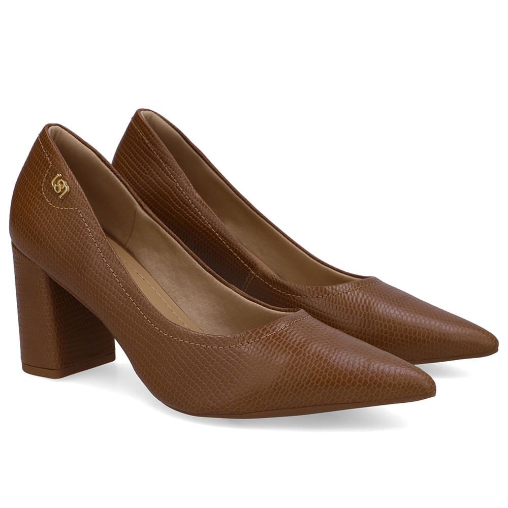 Scarpin Marrom Salto Bloco Couro Bico Fino Marrom 2