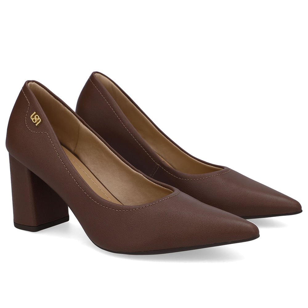 Scarpin Marrom Salto Bloco Couro Bico Fino Marrom 2