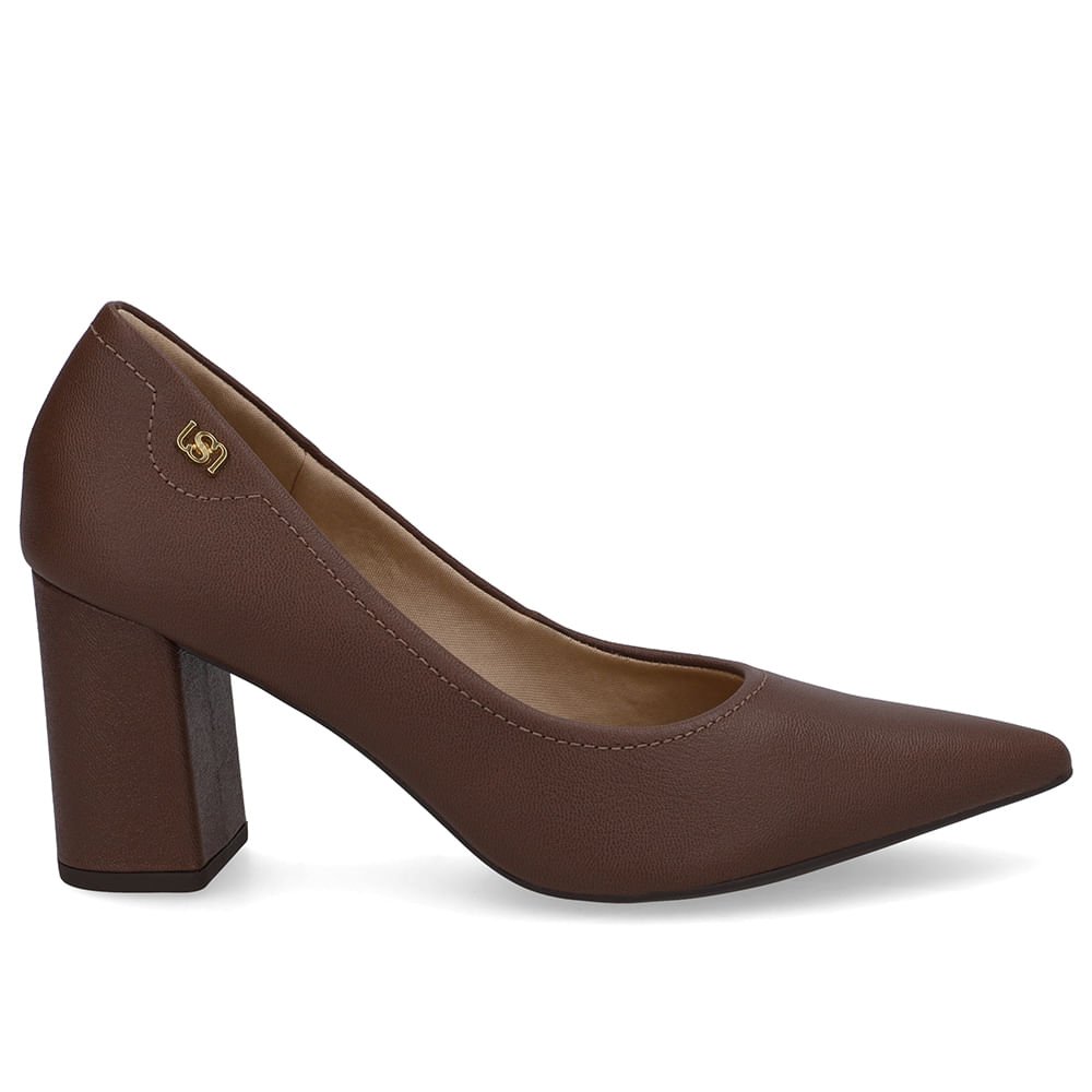 Scarpin Marrom Salto Bloco Couro Bico Fino