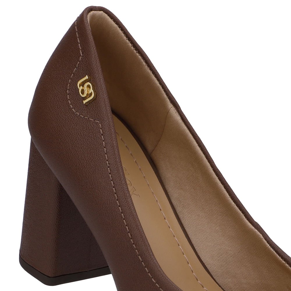 Scarpin Marrom Salto Bloco Couro Bico Fino Marrom 4