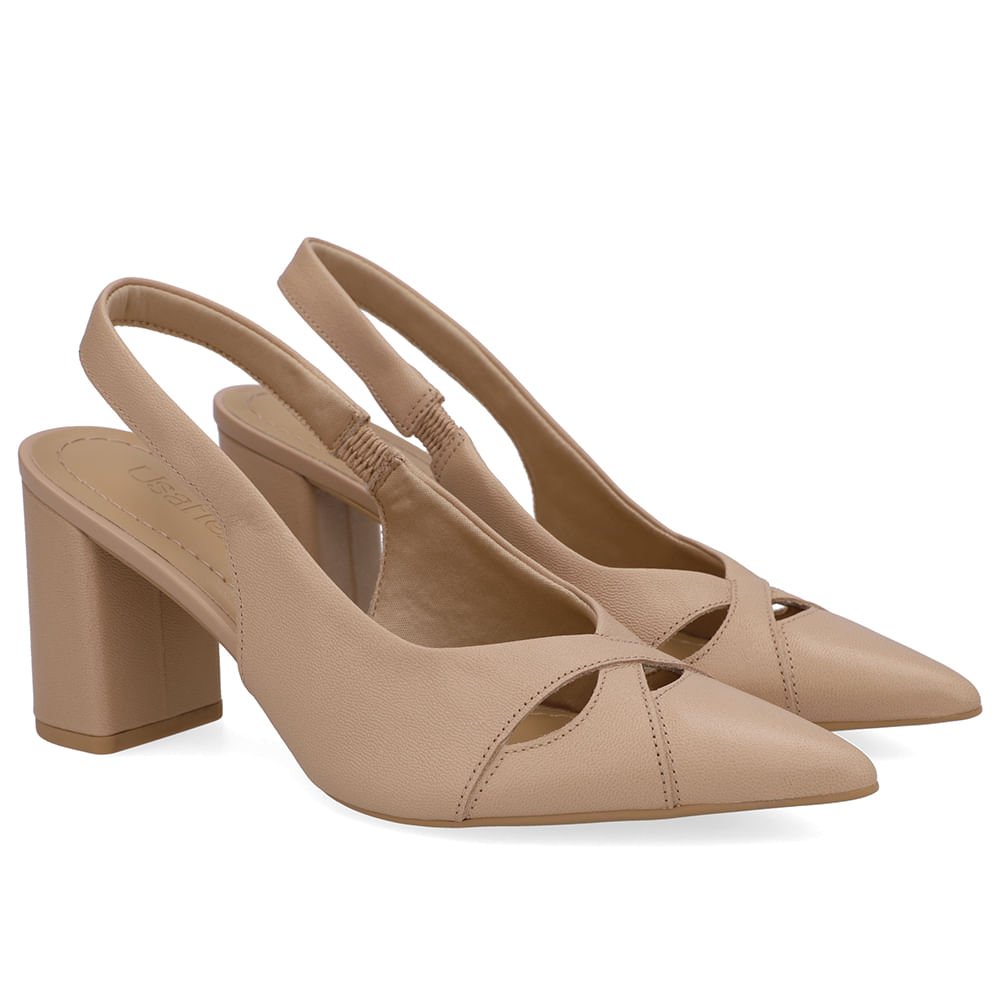 Slingback Bege Couro Bico Fino Bege 2