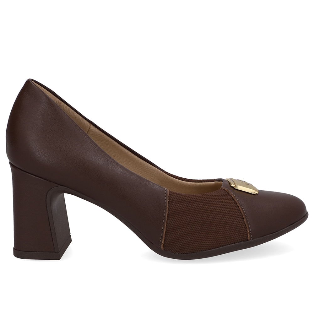 Scarpin Couro Marrom Pinhão Lateral Tecido