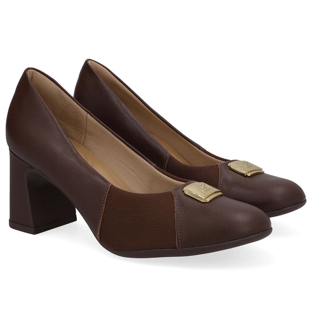 Scarpin Couro Marrom Pinhão Lateral Tecido Marrom 2